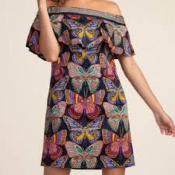 Trina Turk Summer Dress Butterfly Print Off Shoulder Black Colorful Mini XS - Picture 1 of 11